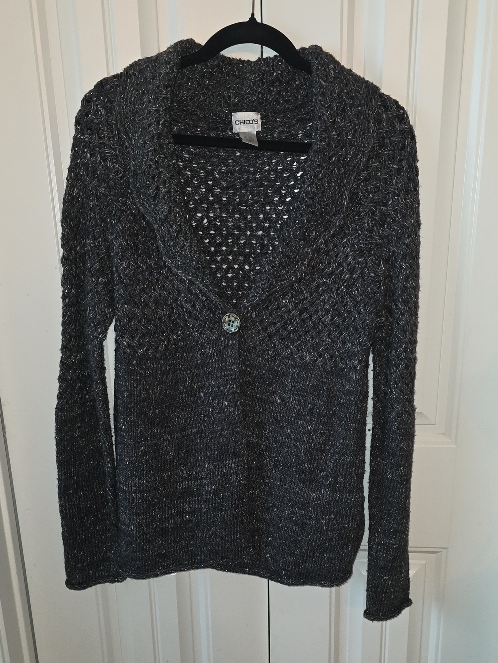 Chico's Dark Charcoal Shawl-Collar Open-Knit Cardigan